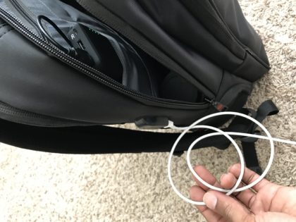 iPhone Charger Connected to External USB port on the side of the Backpack
